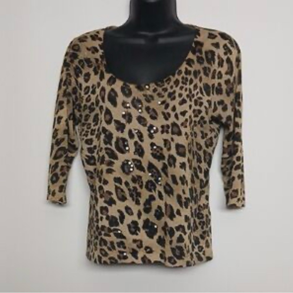 august silk Leopard Print Scoop Neck Top in Tan and Black with Sequin Detail